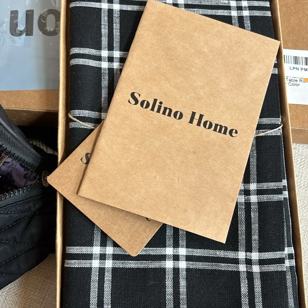 Solino Home Black Linen Table Runner 100% Pure Linen Marseille Plaid 14 X 90 In